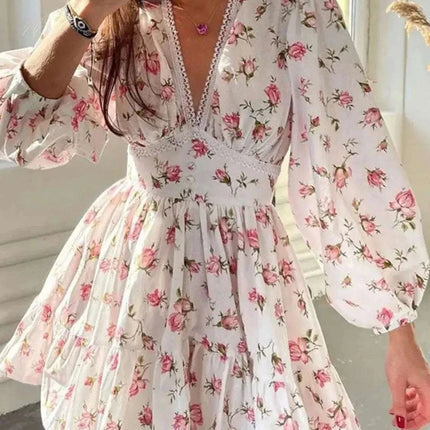 Lace Detail V-Neck Balloon Sleeve Dress