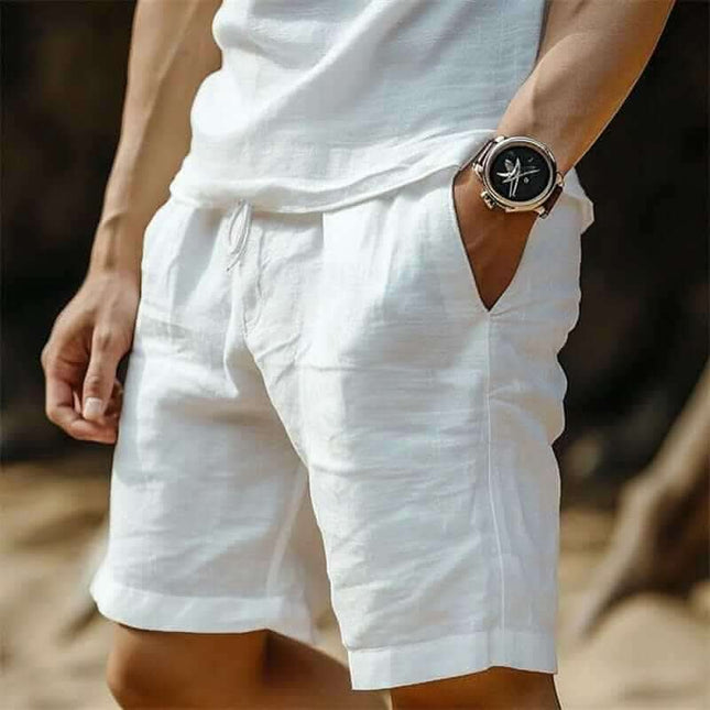 Men's Cotton And Linen Pocket Drawstring Elastic Waist Shorts Fendax 0