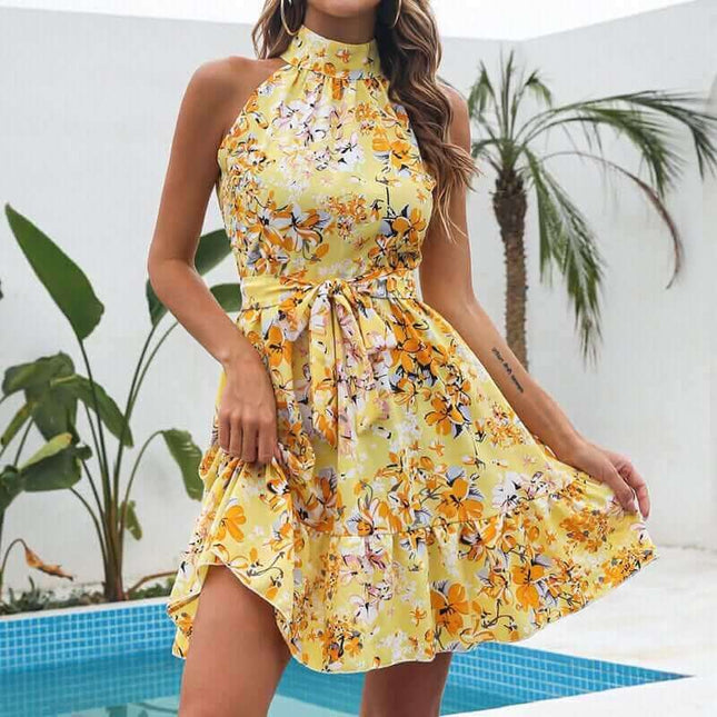 New Flowers Print Halterneck Dress Summer Fashion Temperament Lace-up Ruffled Dresses For Women Fendax 4
