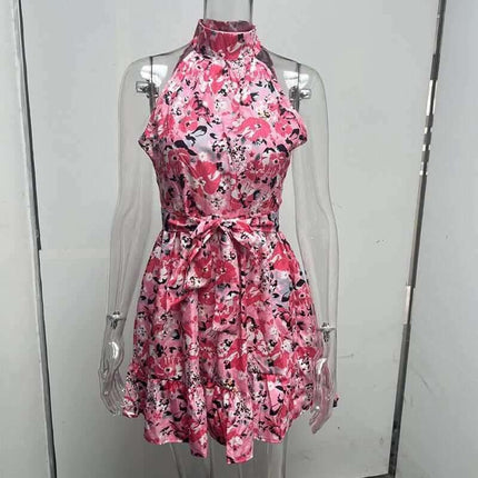 New Flowers Print Halterneck Dress Summer Fashion Temperament Lace-up Ruffled Dresses For Women Fendax 4