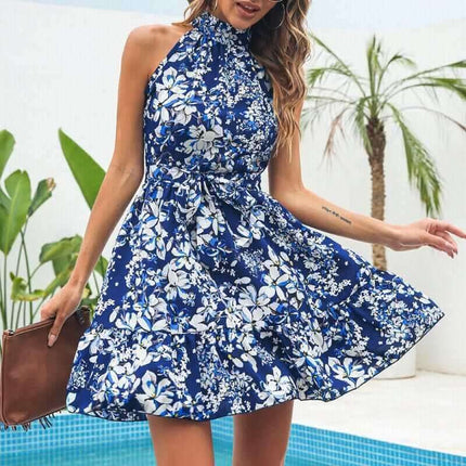 New Flowers Print Halterneck Dress Summer Fashion Temperament Lace-up Ruffled Dresses For Women Fendax 4