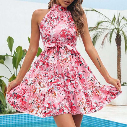 New Flowers Print Halterneck Dress Summer Fashion Temperament Lace-up Ruffled Dresses For Women Fendax 4