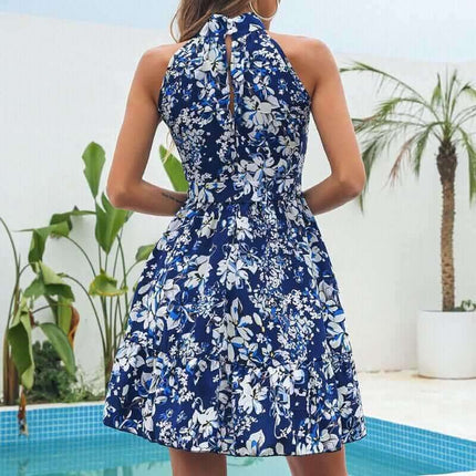 New Flowers Print Halterneck Dress Summer Fashion Temperament Lace-up Ruffled Dresses For Women Fendax 4