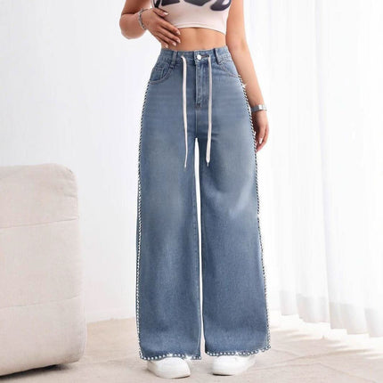 Retro Wide Leg Washed Beaded Drawstring High Waist Jeans Fendax 0