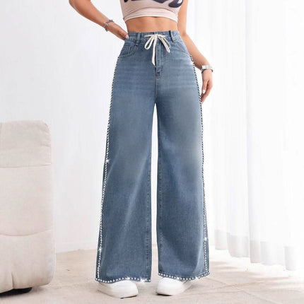 Retro Wide Leg Washed Beaded Drawstring High Waist Jeans Fendax 0