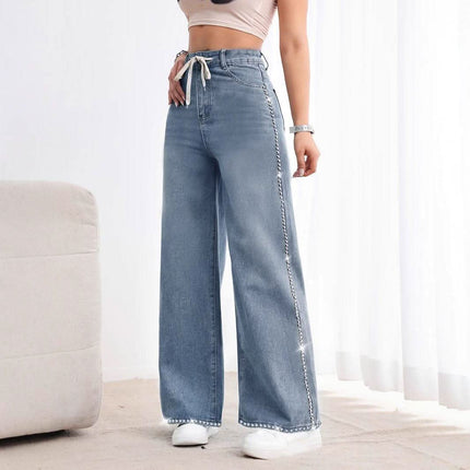 Retro Wide Leg Washed Beaded Drawstring High Waist Jeans Fendax 0