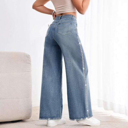 Retro Wide Leg Washed Beaded Drawstring High Waist Jeans Fendax 0