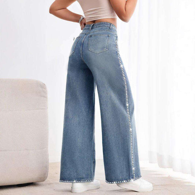 Retro Wide Leg Washed Beaded Drawstring High Waist Jeans Fendax 0