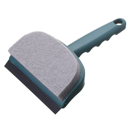 Cleaning tool with a gray sponge and a dark squeegee blade. It has a teal plastic handle.