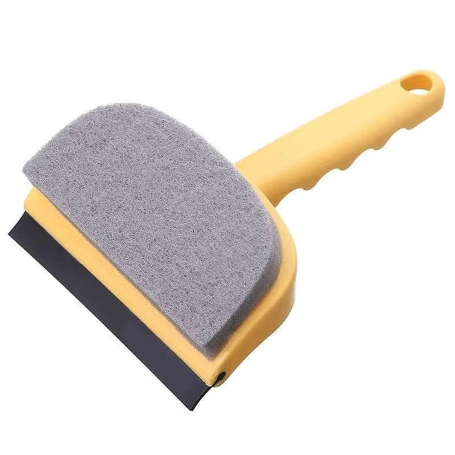 Yellow window cleaning tool with sponge and squeegee.