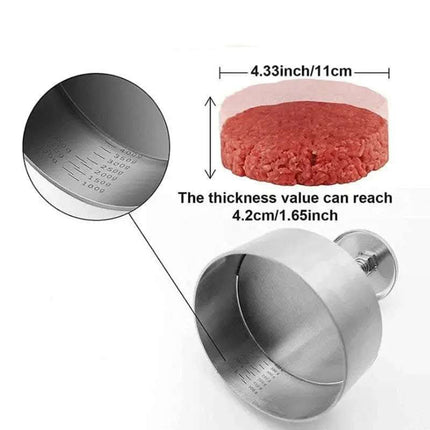 Metal burger press with measurements and sample patty.
