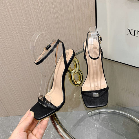 Trendsi 0 Black / 35 Thin Strap Square Toe Abnormal Shape Heels Catwalk High Heel Sandals
