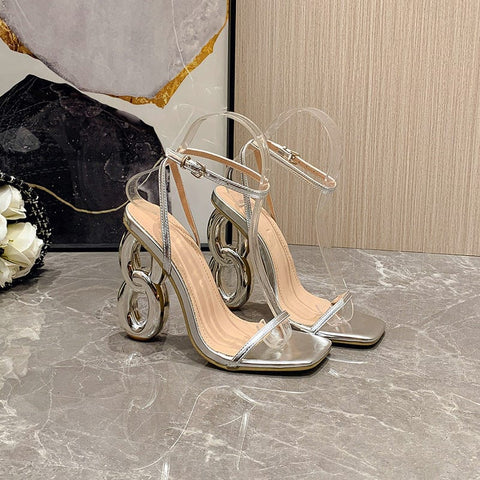 Trendsi 0 Silver / 35 Thin Strap Square Toe Abnormal Shape Heels Catwalk High Heel Sandals