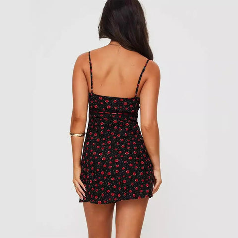 Trendsi 4 V-neck Suspender Dress Rose Flowers Print Bow-knot Skirt Y2K Sweet Street Girl Fashion Mini Dresses For Womens Clothing