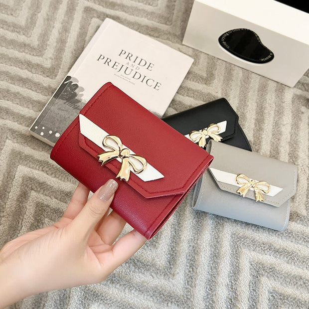 Trendsi 0 Dark Red / 3 inches Women's Bow Short Three-fold Snap Button Wallet