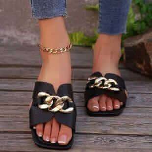 Women's Flat Slippers Lightweight Fashion Chain Square Toe Casual Fendax 0