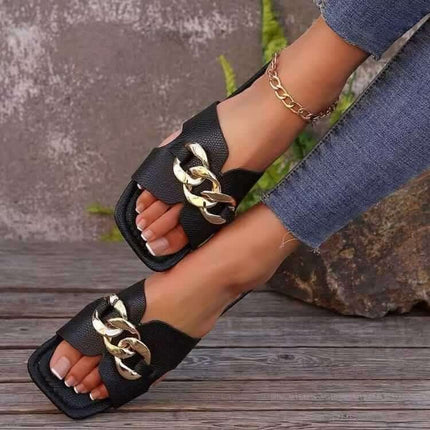 Women's Flat Slippers Lightweight Fashion Chain Square Toe Casual Fendax 0