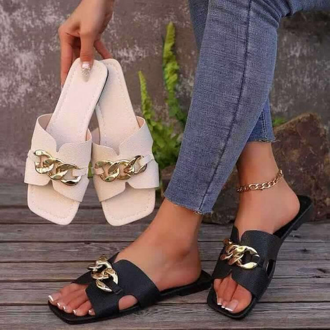 Women's Flat Slippers Lightweight Fashion Chain Square Toe Casual Fendax 0