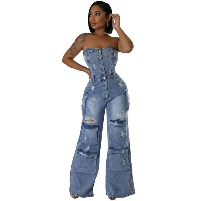 Women's Personality Slim Fit Backless Stretch Flared Sleeveless Denim Jumpsuit Fendax 0