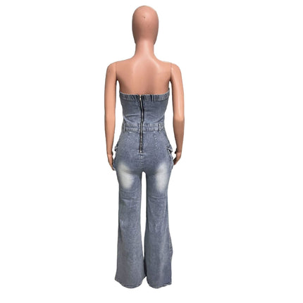 Women's Personality Slim Fit Backless Stretch Flared Sleeveless Denim Jumpsuit Fendax 0
