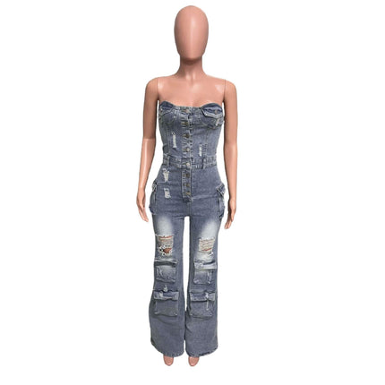 Women's Personality Slim Fit Backless Stretch Flared Sleeveless Denim Jumpsuit Fendax 0