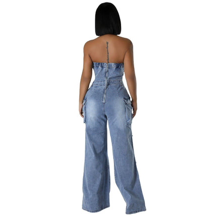 Women's Personality Slim Fit Backless Stretch Flared Sleeveless Denim Jumpsuit Fendax 0