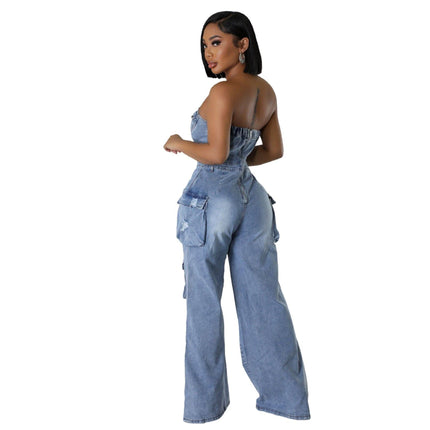 Women's Personality Slim Fit Backless Stretch Flared Sleeveless Denim Jumpsuit Fendax 0