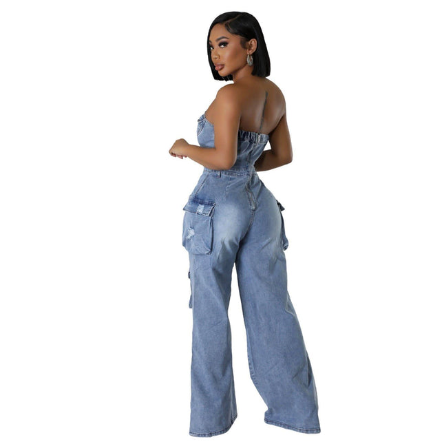 Women's Personality Slim Fit Backless Stretch Flared Sleeveless Denim Jumpsuit Fendax 0