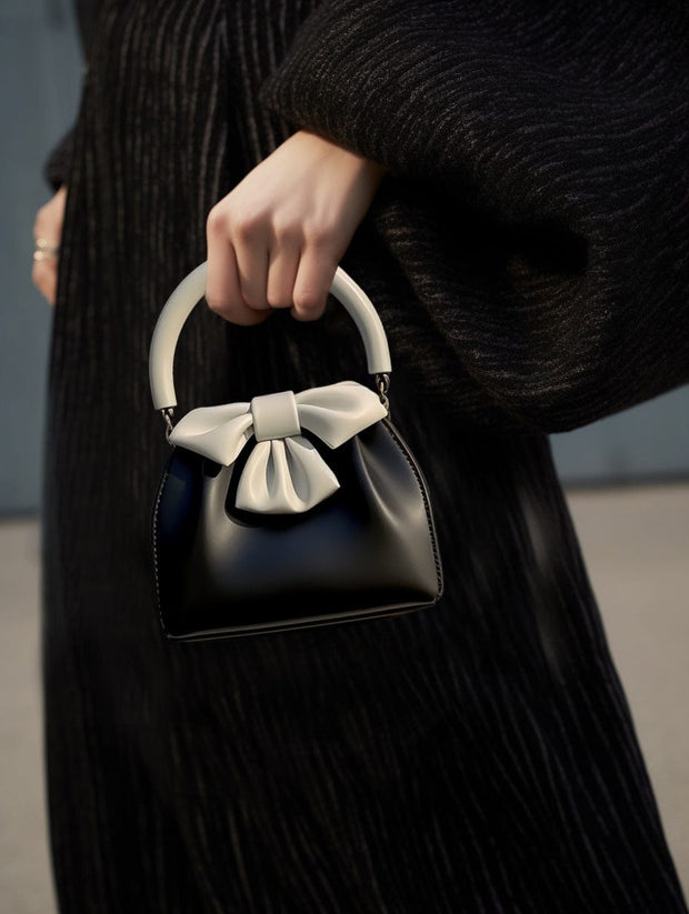 Trendsi 0 Black Women's Pleated Handbag Contrast Color Bow Bucket Bag