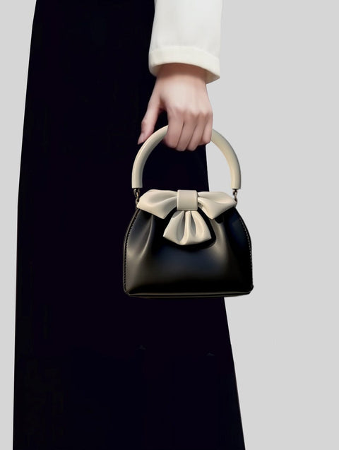 Trendsi 0 Black Women's Pleated Handbag Contrast Color Bow Bucket Bag
