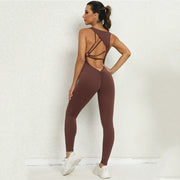Trendsi 4 Coffee / S Yoga Jumpsuit V-shaped Back Design Sleeveless Fitness Running Sportswear Stretch Tights Pants For Womens Clothing