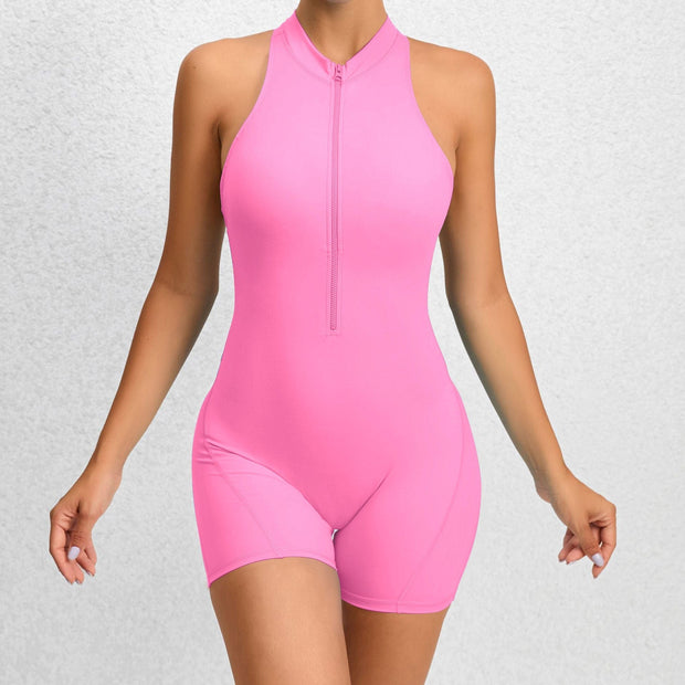Trendsi 4 Pink / S Zippered Yoga Fitness Shorts Jumpsuit Sleeveless Tummy Control Stretch Shapewear Butt Lifting Sportswear Women
