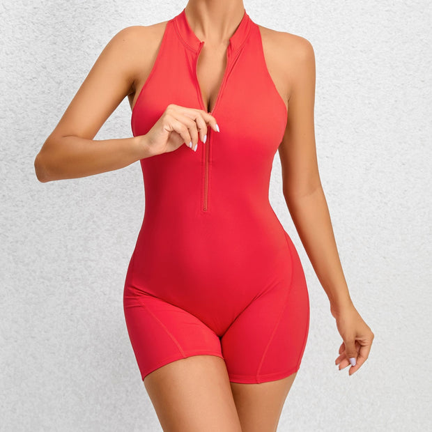 Trendsi 4 Red / S Zippered Yoga Fitness Shorts Jumpsuit Sleeveless Tummy Control Stretch Shapewear Butt Lifting Sportswear Women